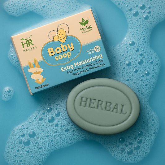 Herbal Baby Soap packaging and bar on a blue background with soap bubbles