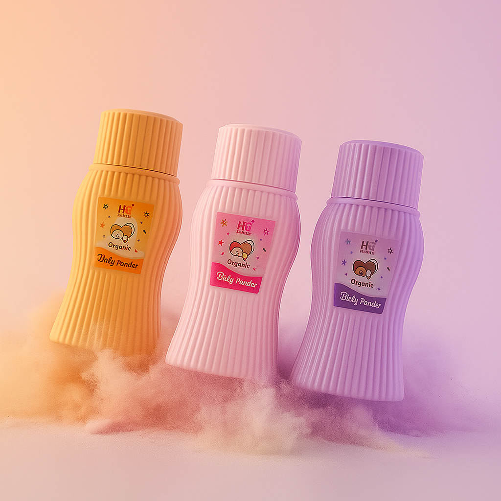 Three bottles of Dolly Powder in yellow, pink, and purple on a soft pink background.
