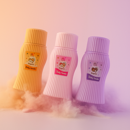 Three bottles of Dolly Powder in yellow, pink, and purple on a soft pink background.