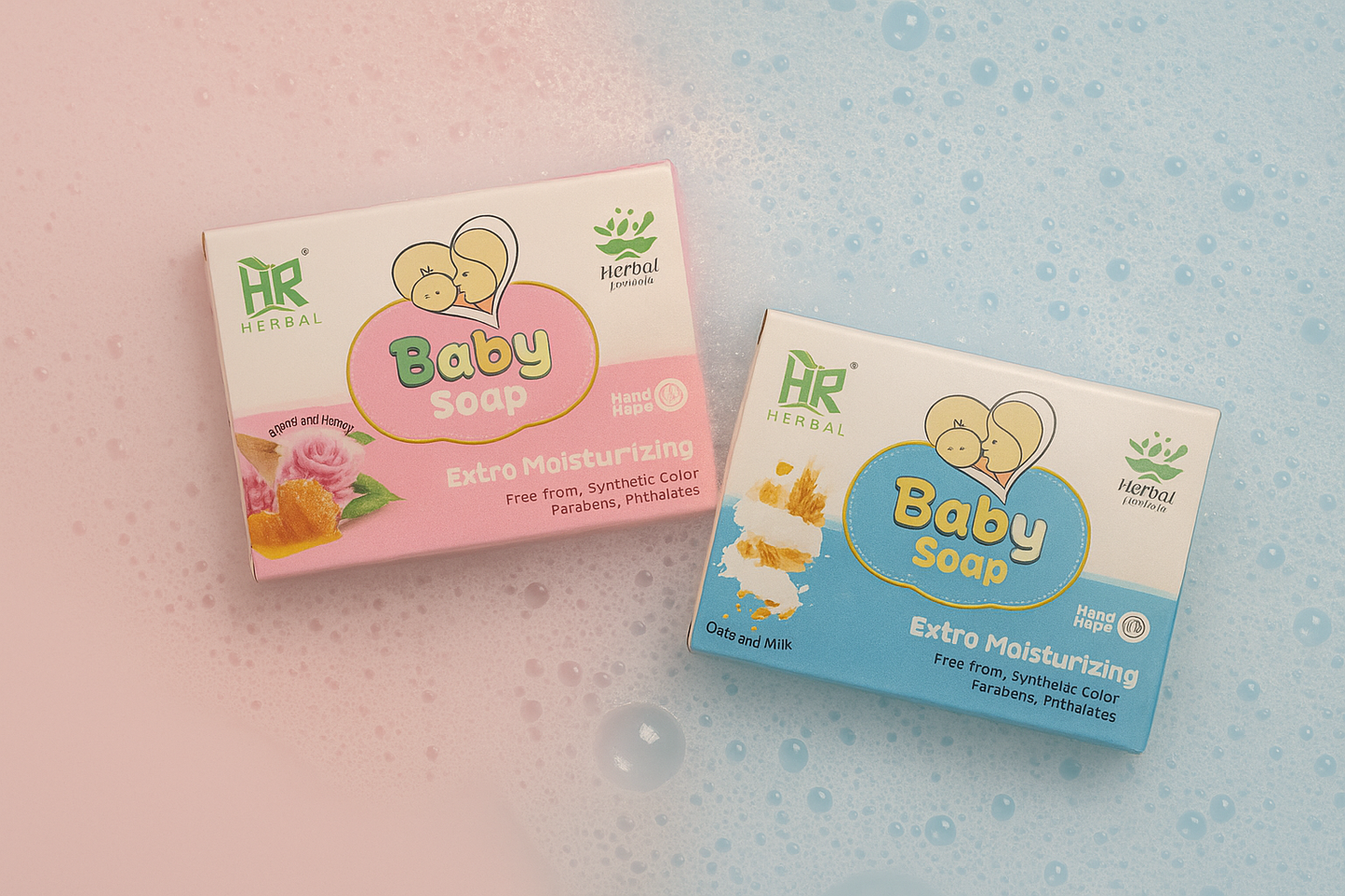 Two boxes of Herbal Baby Soap on a textured background