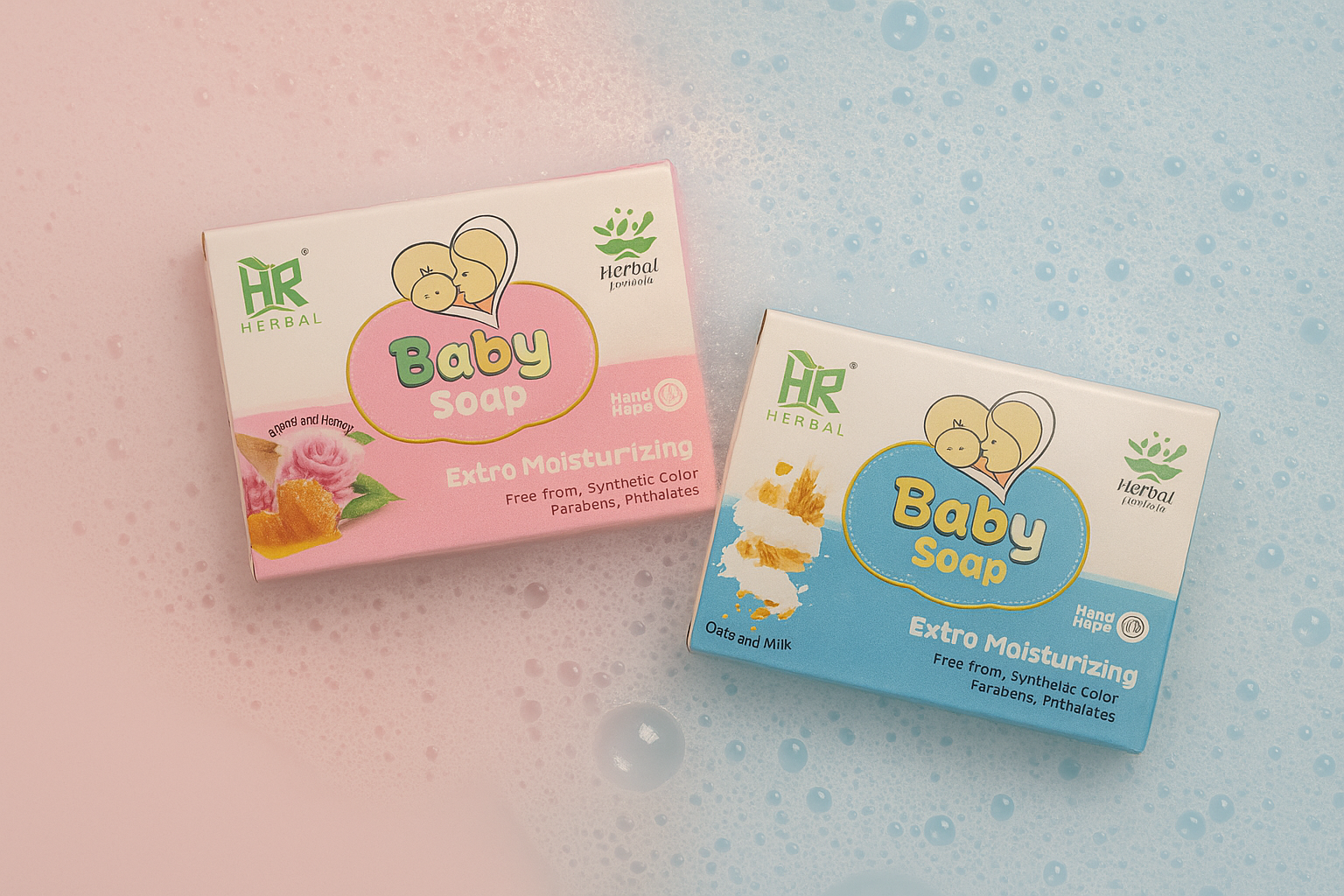 Two boxes of Herbal Baby Soap on a textured background